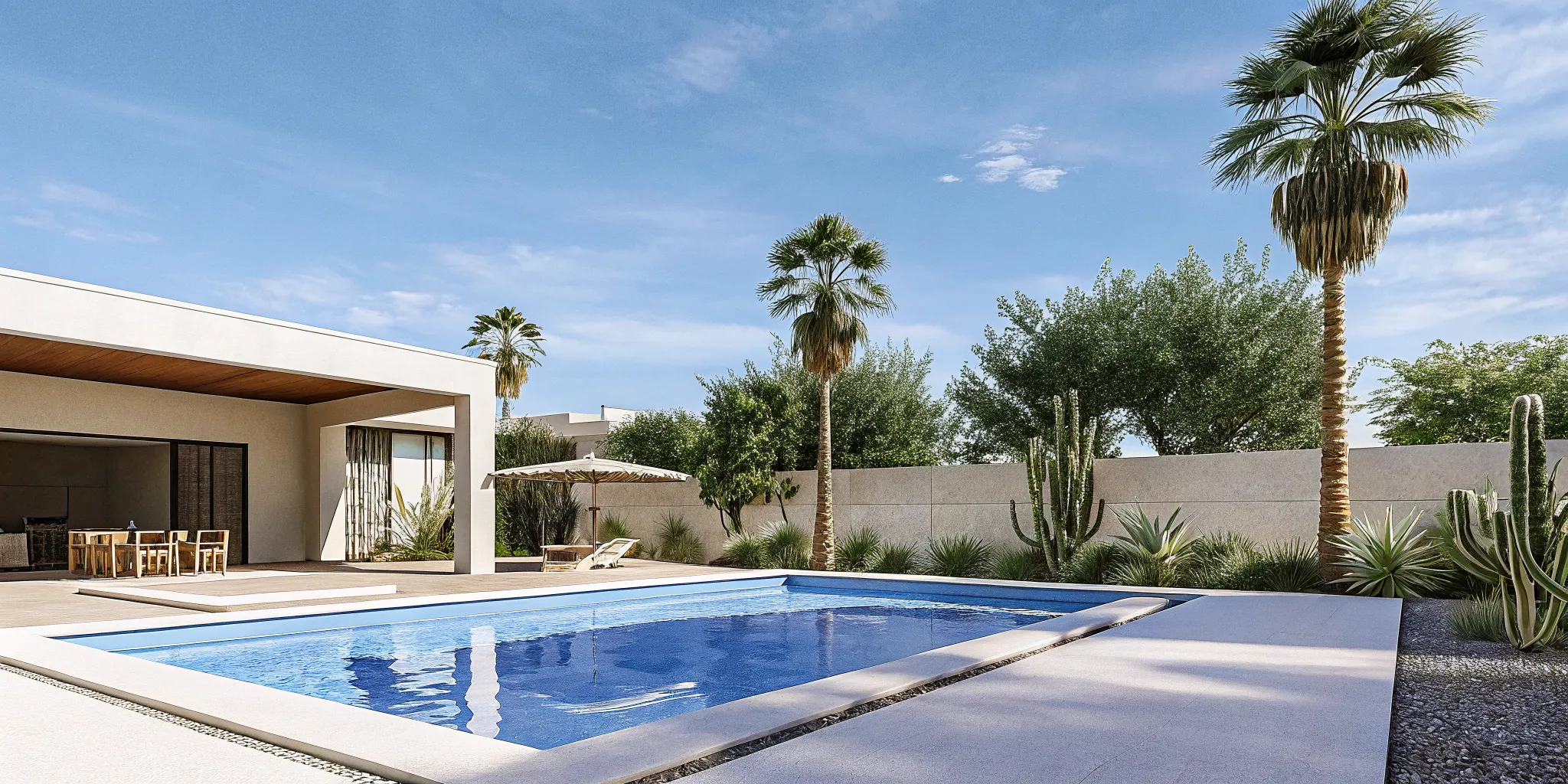 Custom inground pool with travertine decking and desert landscaping in a Phoenix backyard