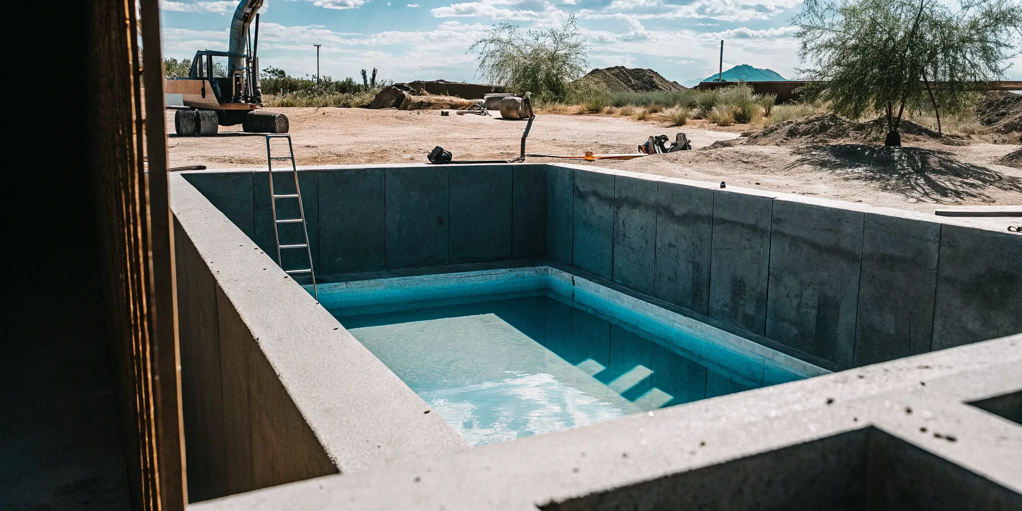 Modern pool construction site in Phoenix Arizona with excavation equipment and blue desert sky
