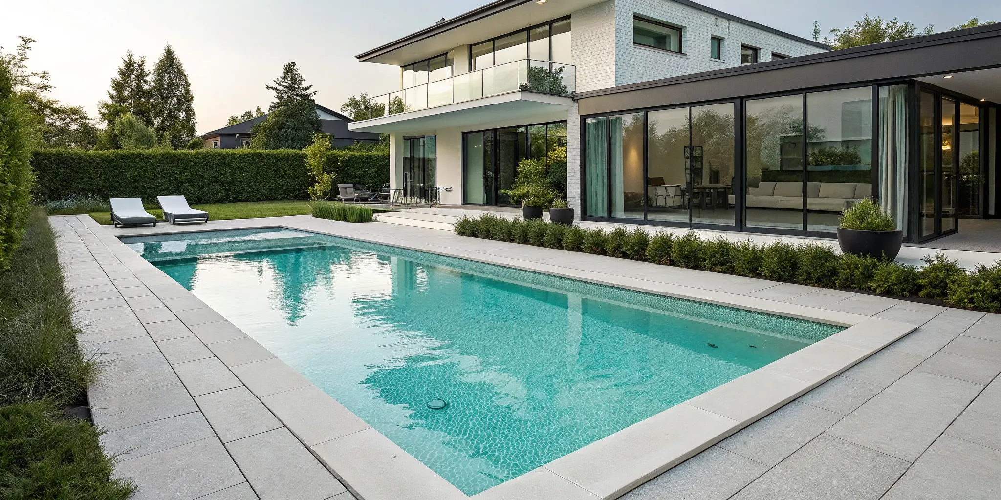 A modern inground pool and patio, a major factor in how much a new pool costs.