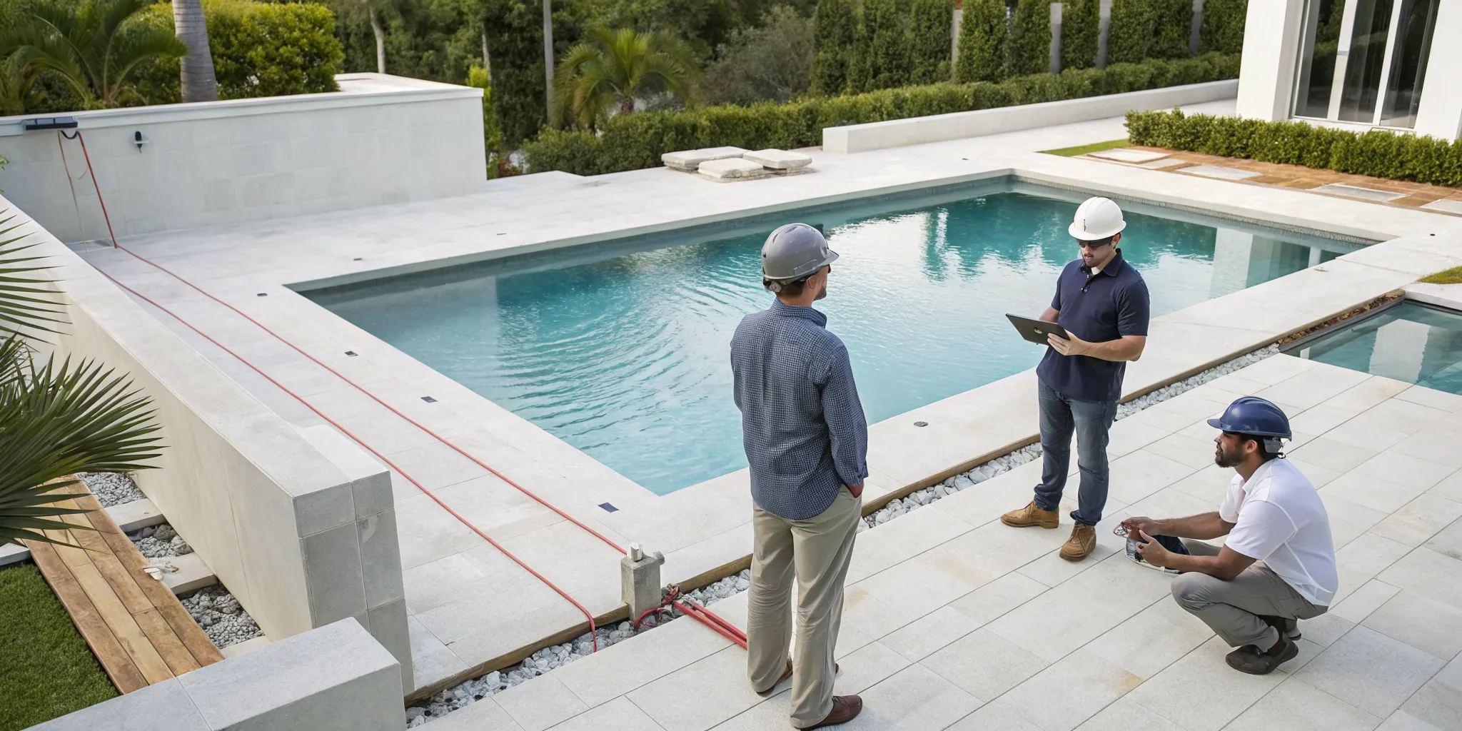 An experienced pool builder overseeing the construction of a new backyard pool.