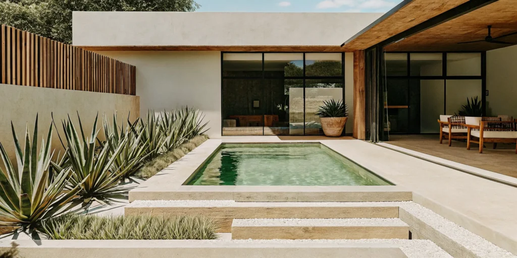Modern inground pool with travertine decking and desert landscaping in Phoenix Arizona