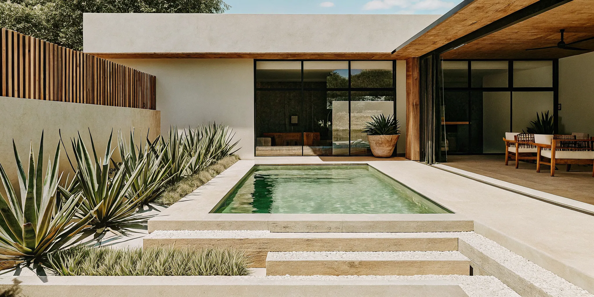 Modern inground pool with travertine decking and desert landscaping in Phoenix Arizona