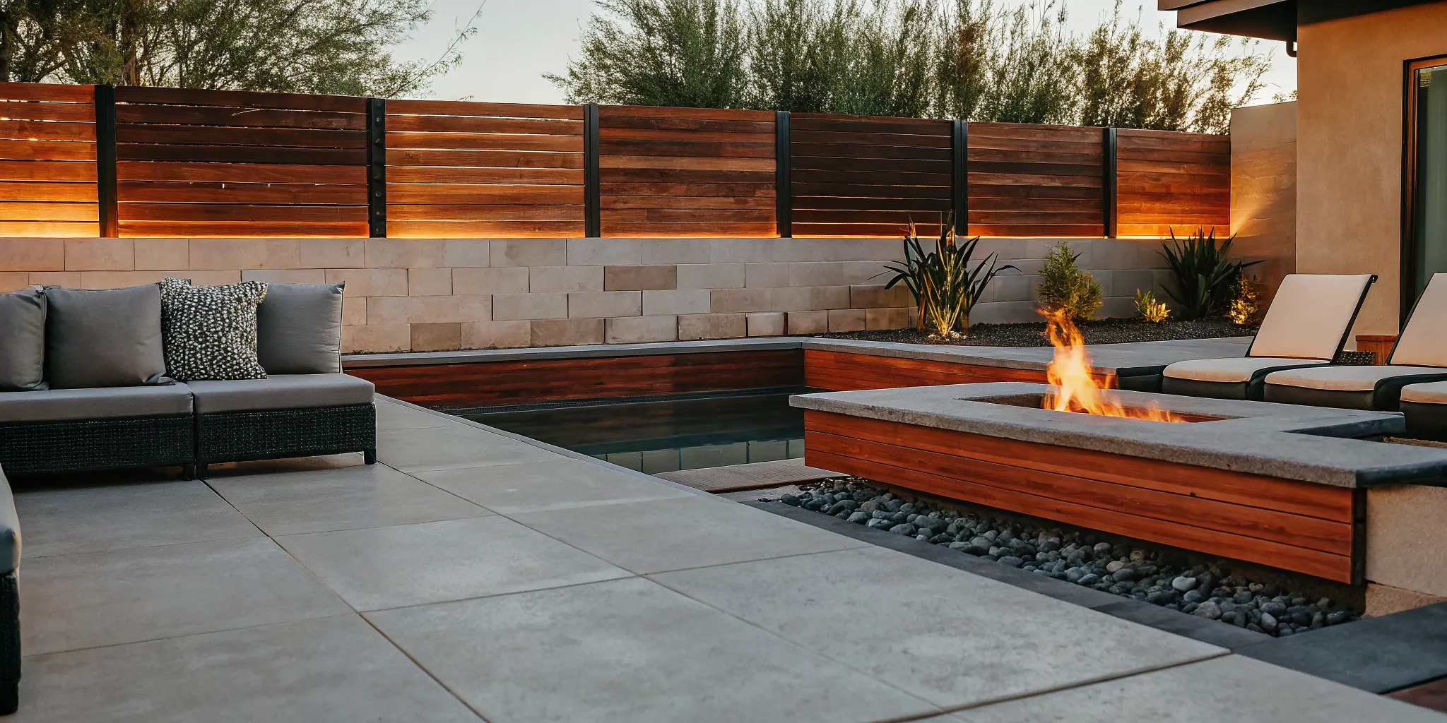 Luxury backyard transformation in Phoenix Arizona with custom swimming pool, outdoor kitchen, pergola, travertine decking, and desert landscaping at sunset