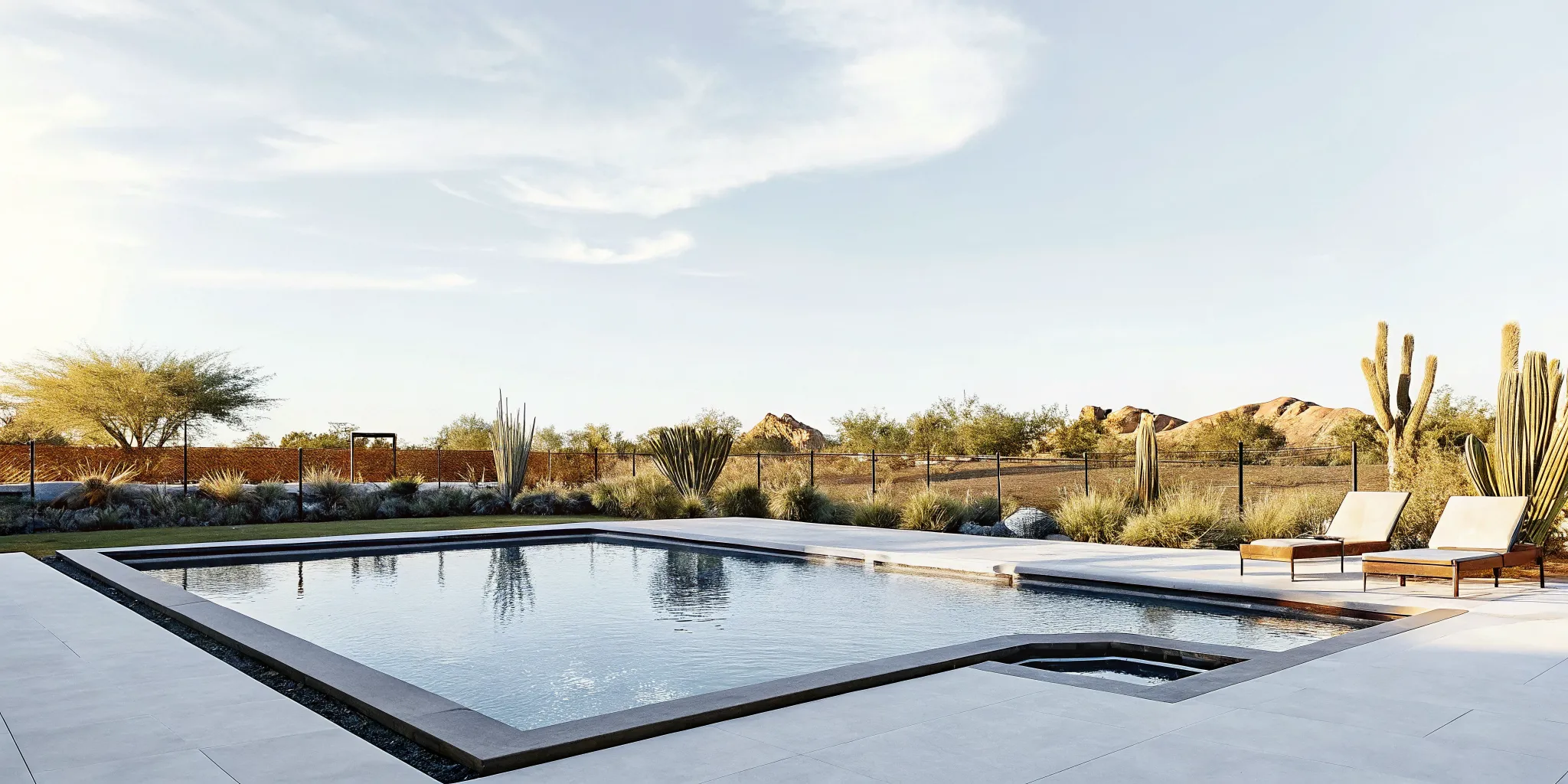 Custom inground pool with travertine decking in a Phoenix backyard at sunset