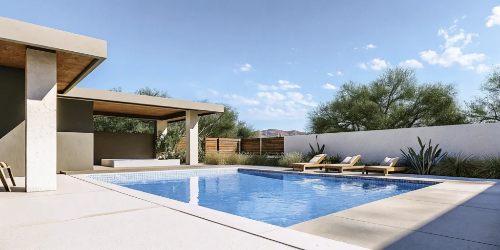 Modern Arizona pool remodel with pebble surface, tanning ledge, LED lighting, and desert landscaping with mountain views