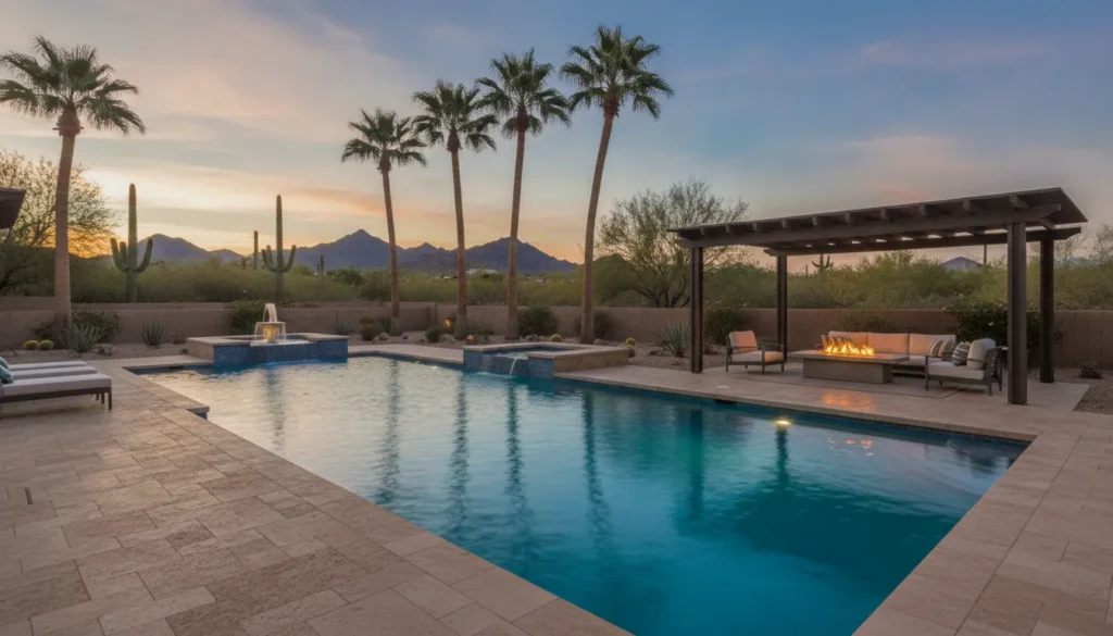 Luxury modern swimming pool with LED lighting in an Arizona desert backyard at twilight