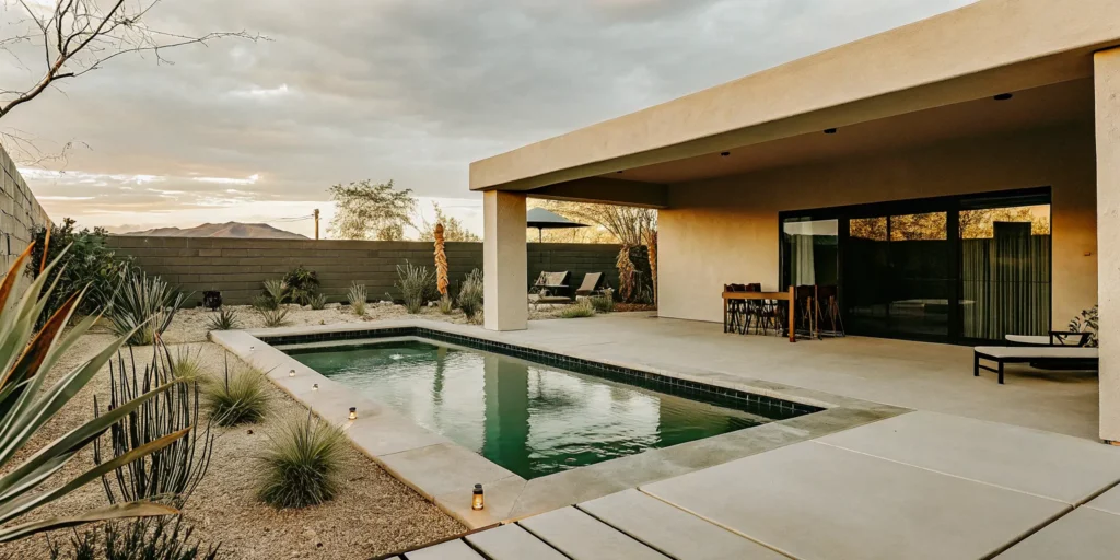 Arizona luxury custom pool with desert landscaping, LED lighting, tanning ledge, and covered patio at sunset
