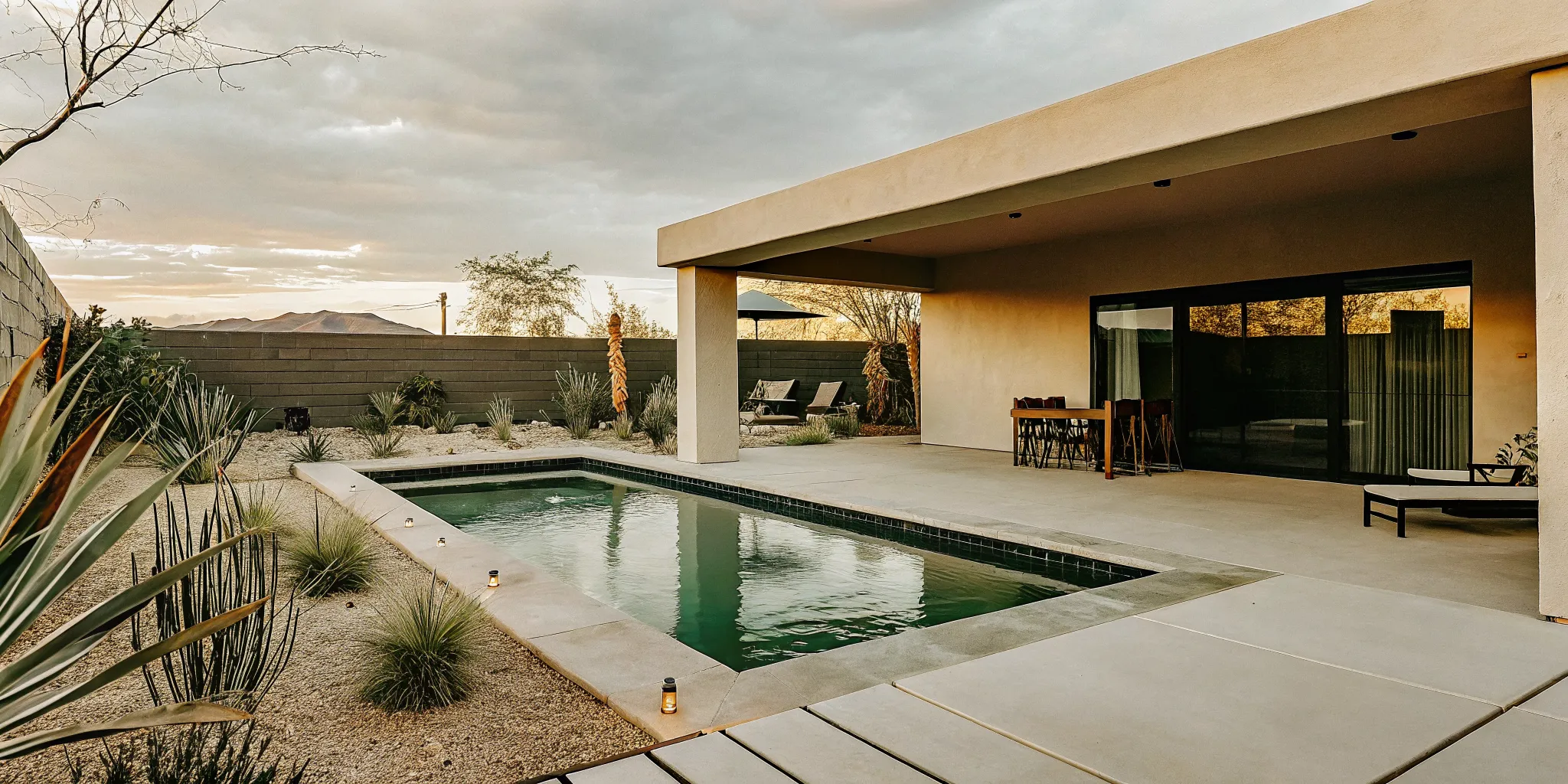 Arizona luxury custom pool with desert landscaping, LED lighting, tanning ledge, and covered patio at sunset