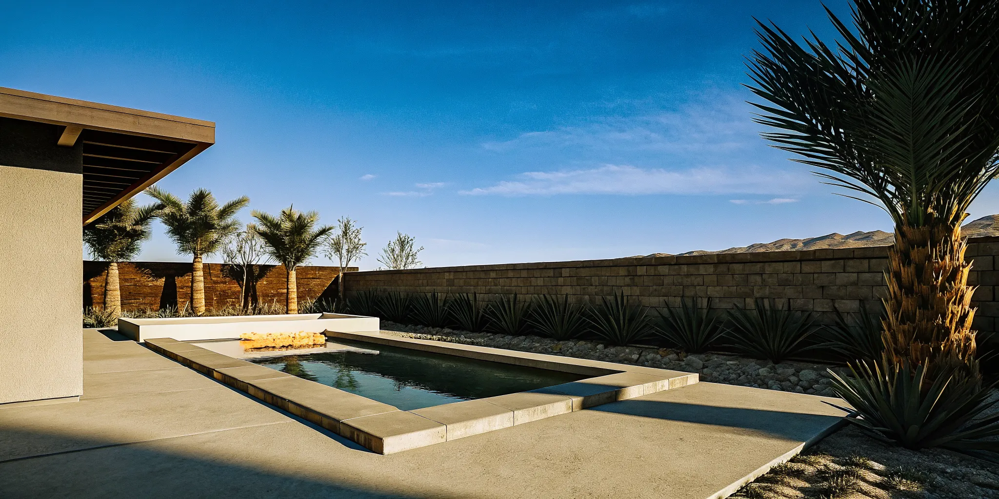 Modern concrete gunite pool and spa at dusk in a desert backyard with palm trees