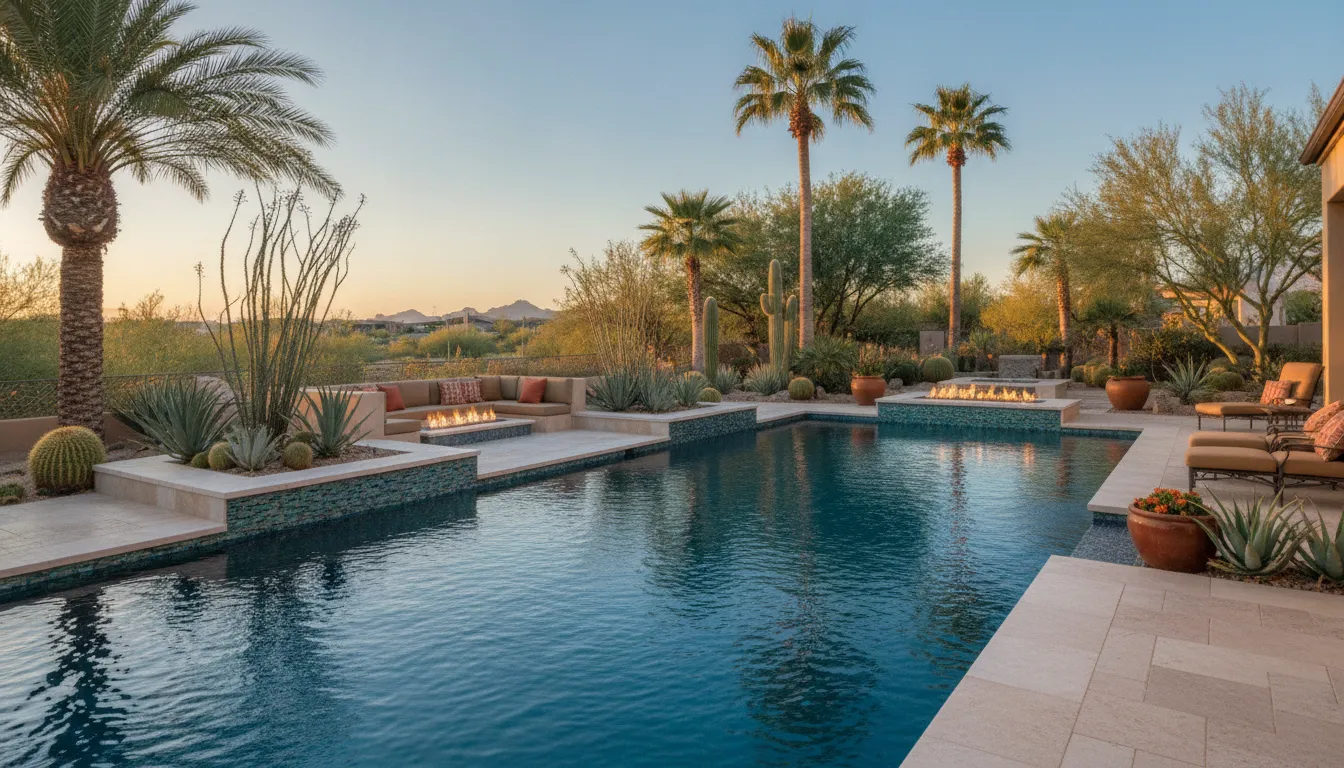 Glass tile pool in an Arizona desert backyard at golden hour