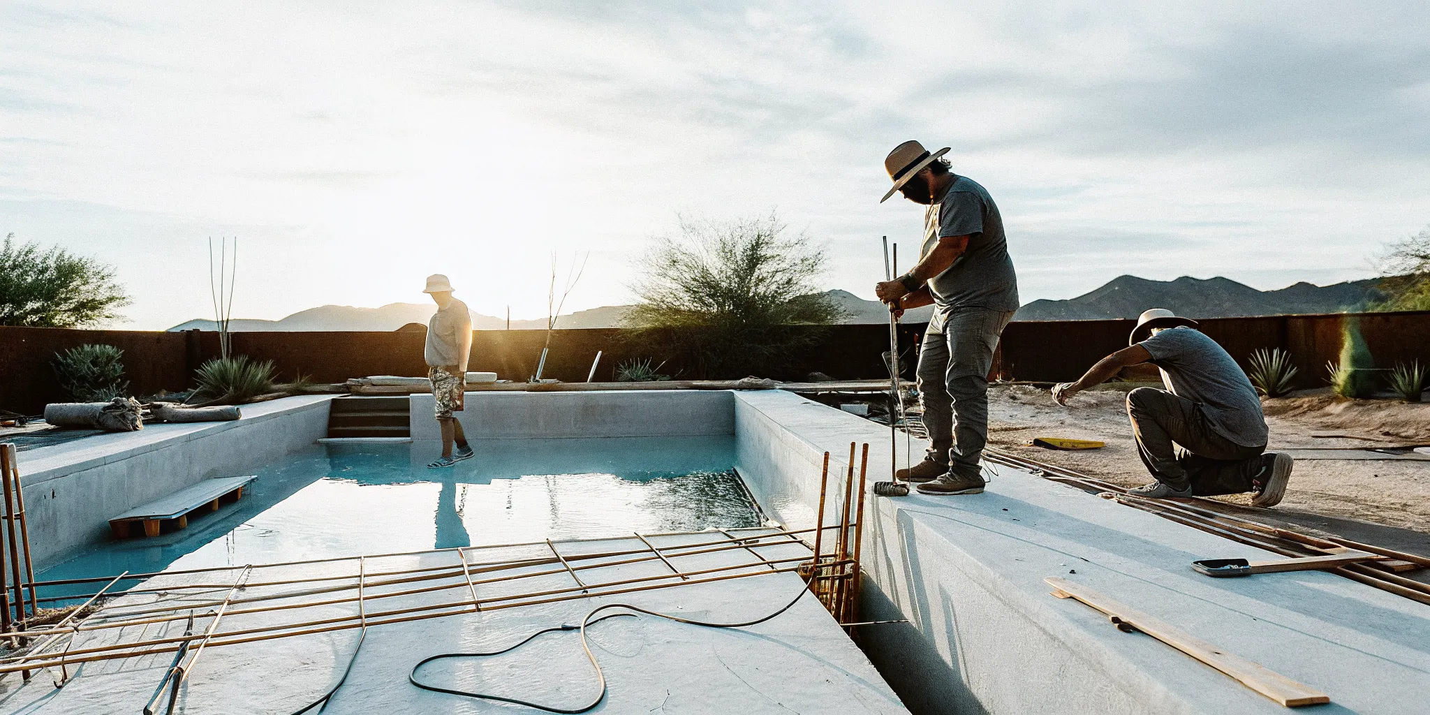 Custom shotcrete pool under construction in a sunny Arizona backyard