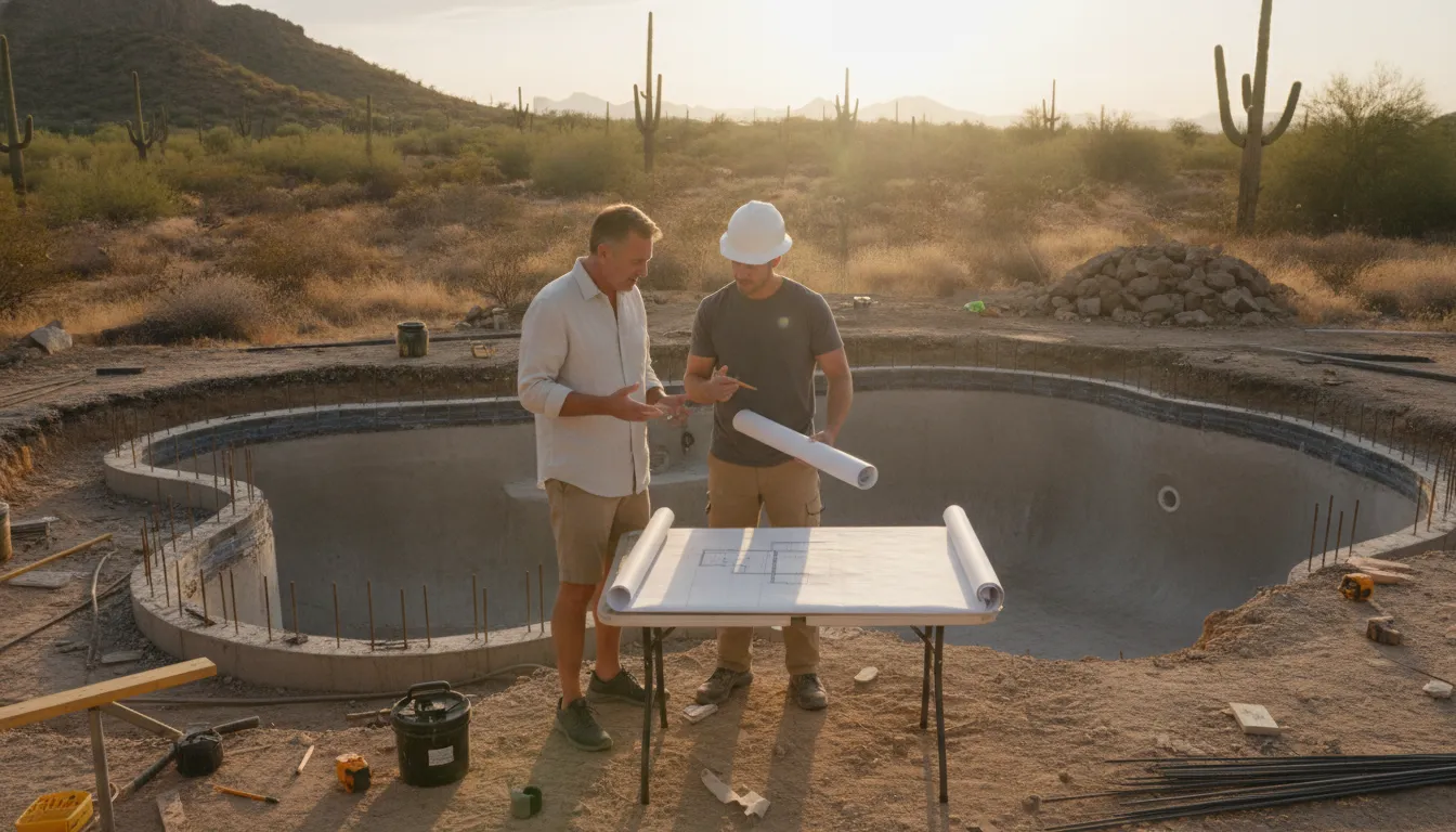 Homeowner meeting with a custom pool builder at a planned backyard pool site in the Phoenix desert