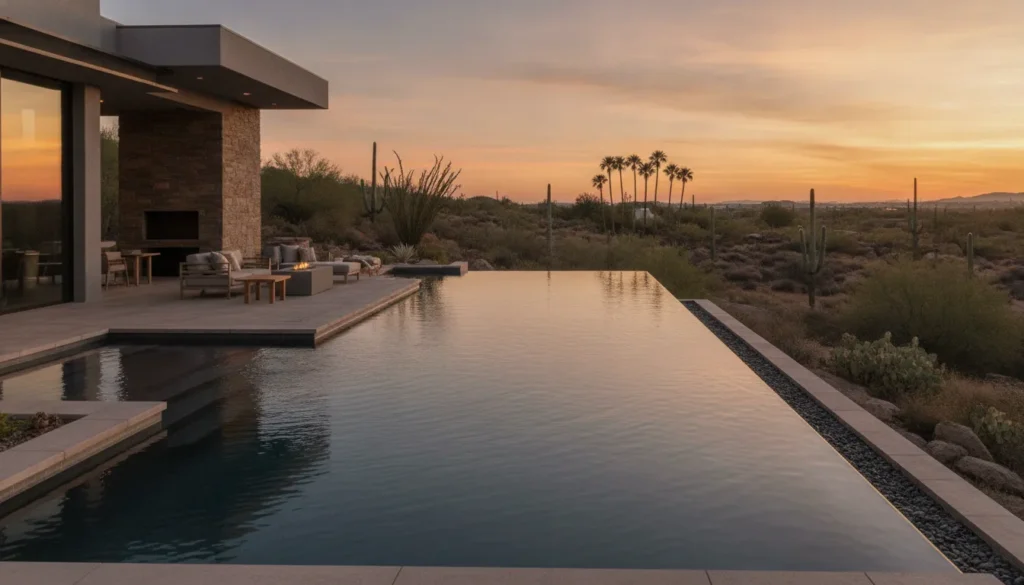 Luxury infinity edge pool at a modern Scottsdale desert estate with water cascading over the vanishing edge at golden hour