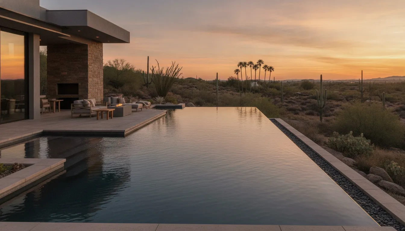 Luxury infinity edge pool at a modern Scottsdale desert estate with water cascading over the vanishing edge at golden hour