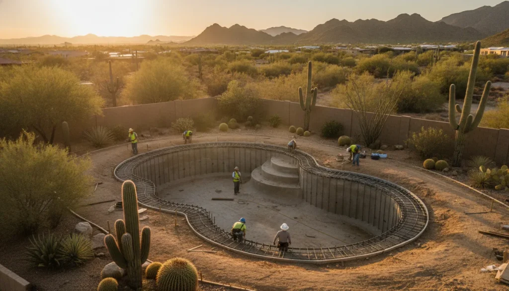 Custom backyard pool under construction at a Phoenix desert home