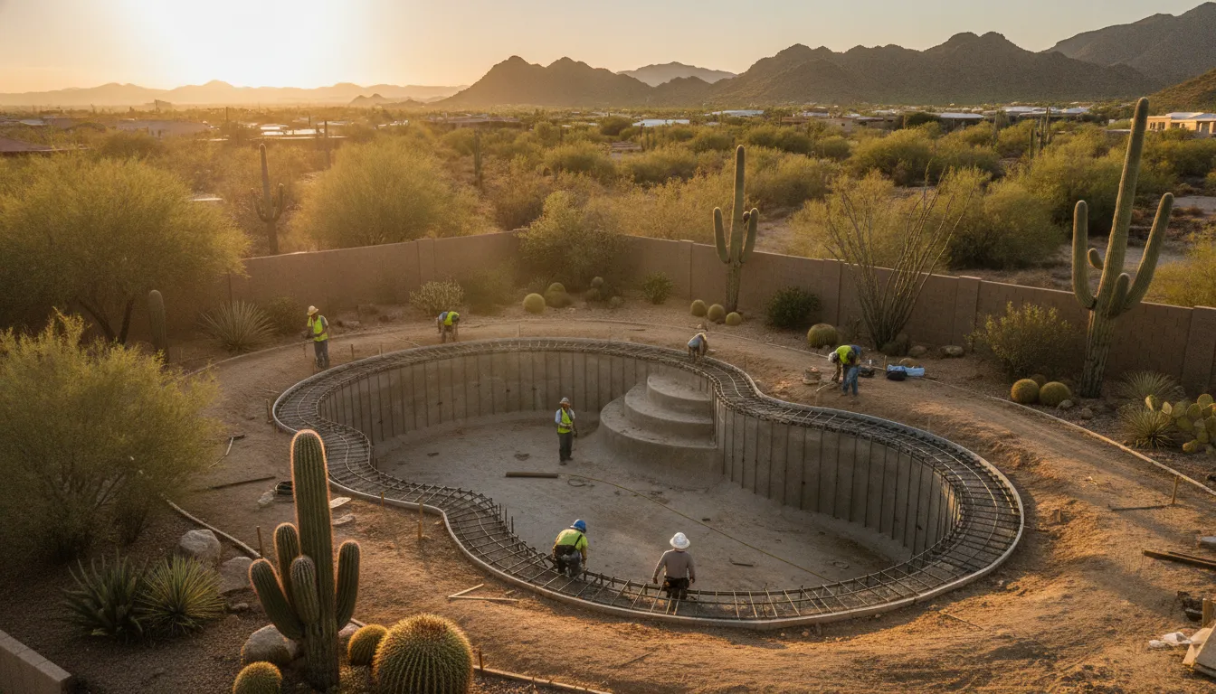 Custom backyard pool under construction at a Phoenix desert home