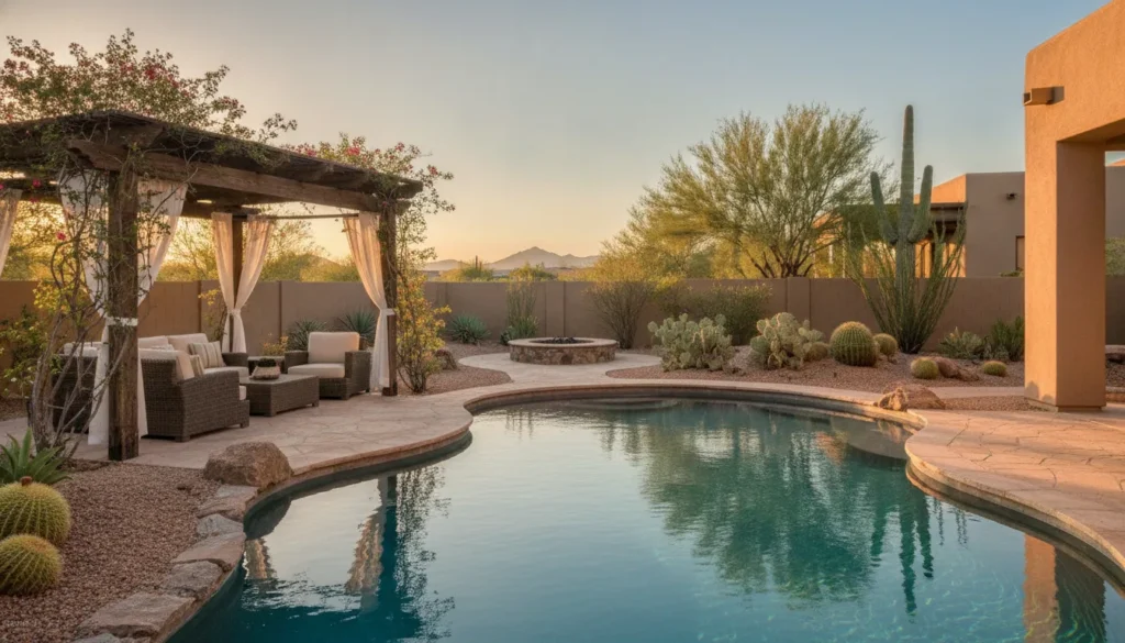 Desert backyard custom pool in Phoenix with a shaded pergola lounge at golden hour
