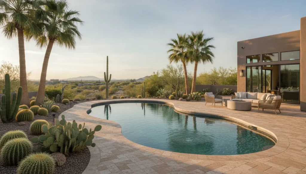 Arizona desert backyard with a custom pool and outdoor living space