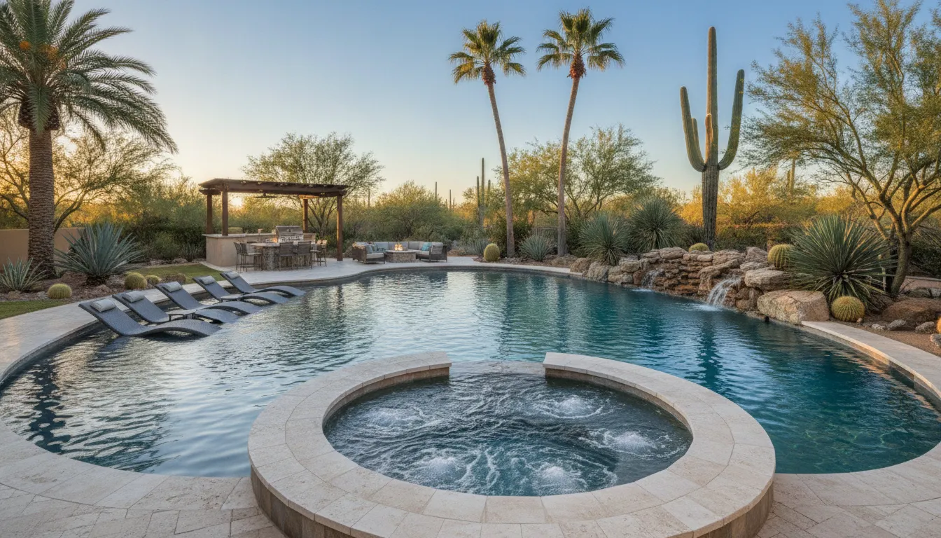 Custom luxury modern pool and spa in an Arizona desert backyard with desert landscaping at golden hour