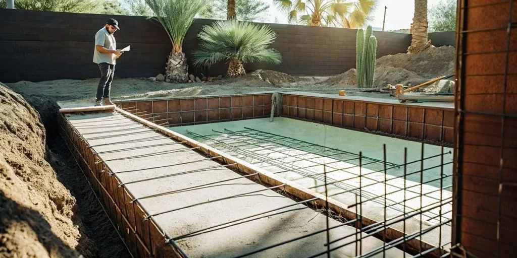 Modern Pools contractor reviewing a pool site plan in a sunny Scottsdale Arizona backyard during early pool construction