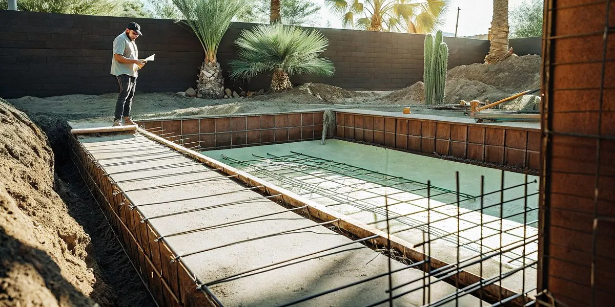 Modern Pools contractor reviewing a pool site plan in a sunny Scottsdale Arizona backyard during early pool construction