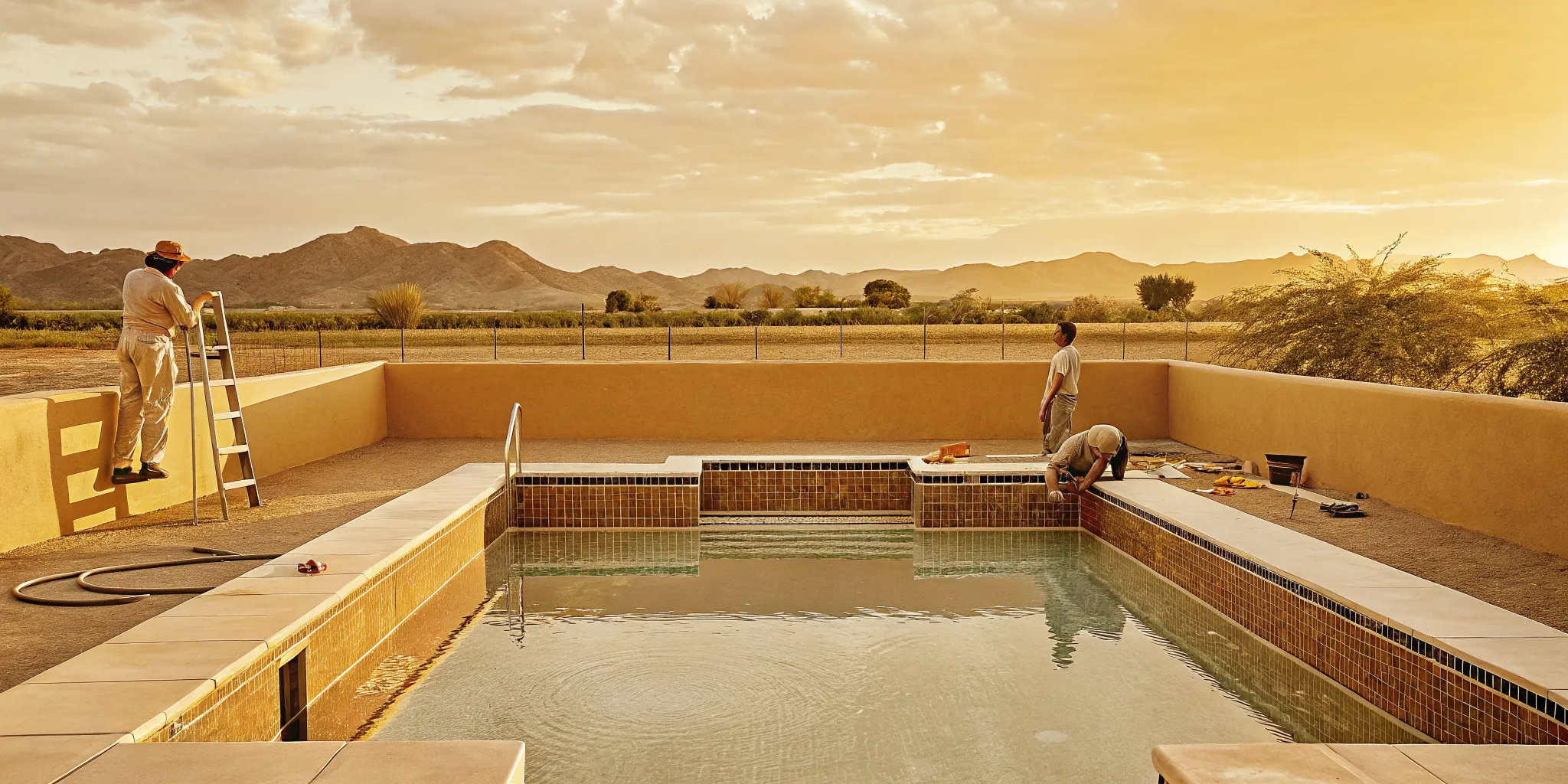 Luxury backyard pool remodeling project in Phoenix with new pebble surface and desert mountain views