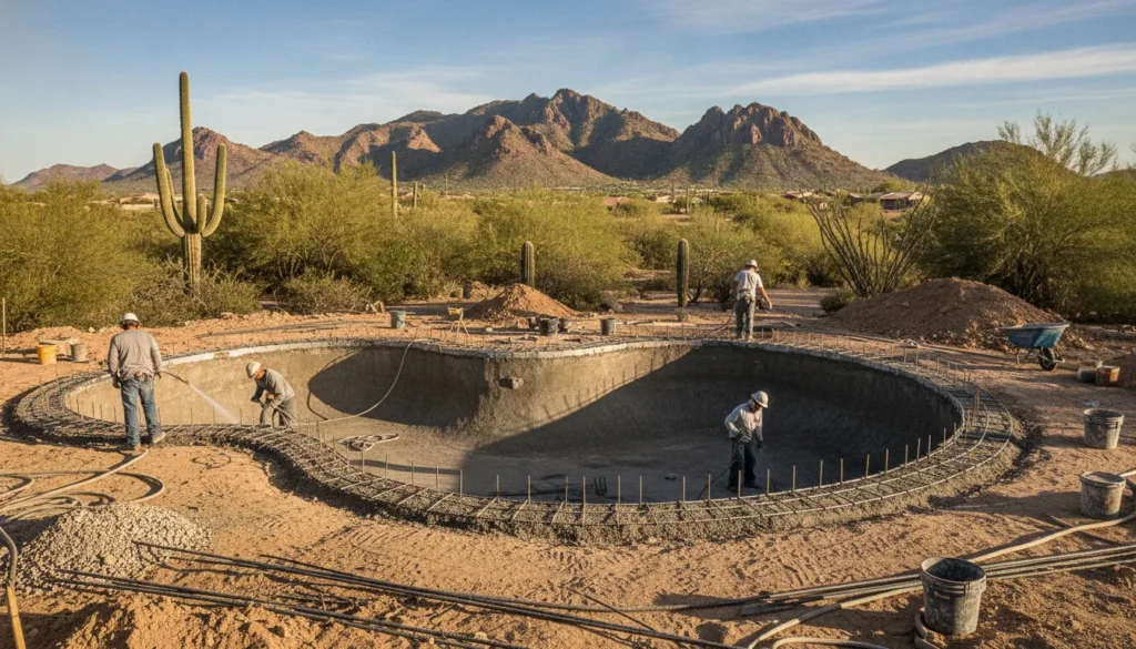 Custom in-ground pool being constructed in a Phoenix backyard with rebar and gunite shell visible