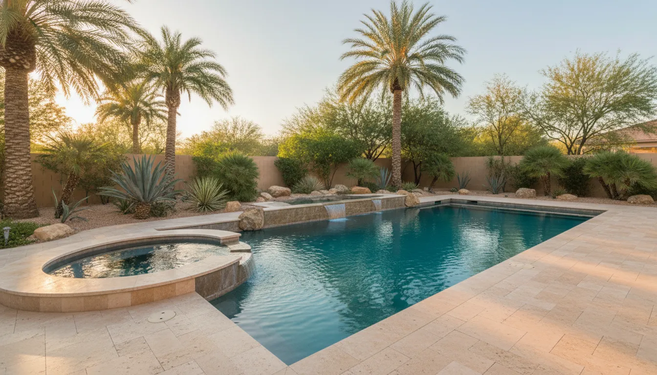 Phoenix East Valley backyard pool with an integrated spa and desert landscaping