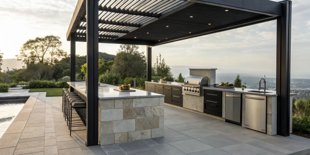 Outdoor kitchen cost estimate with grill, bar seating, and stone countertops under a pergola.