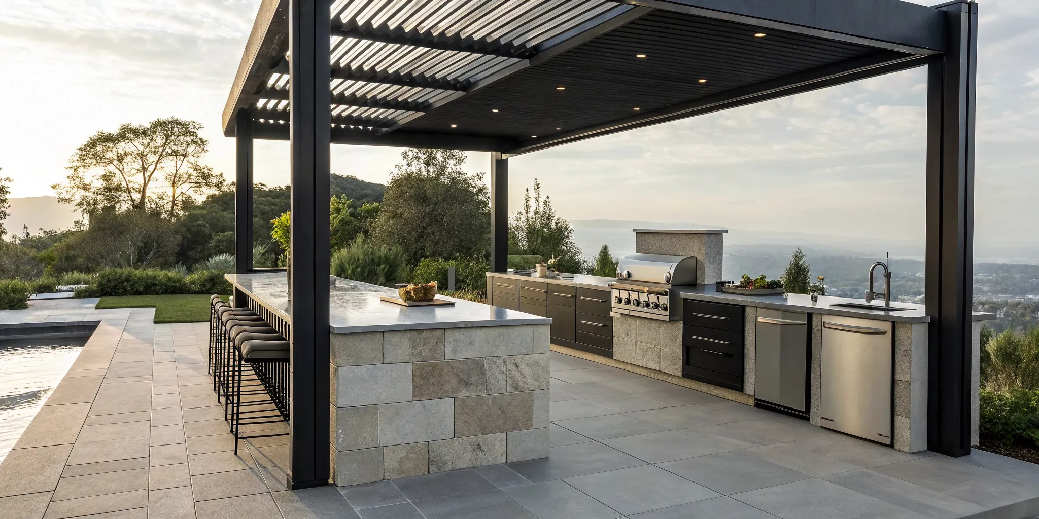 Outdoor kitchen cost estimate with grill, bar seating, and stone countertops under a pergola.