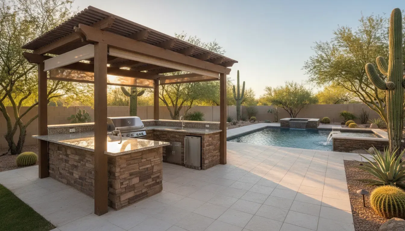 Outdoor kitchen design Arizona with a shaded stone island beside a desert backyard pool