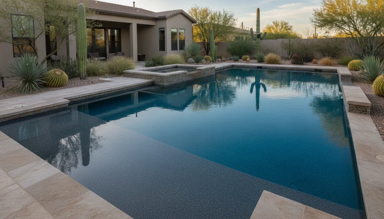 Phoenix Arizona pool with a PebbleTec-style exposed aggregate finish and desert landscaping