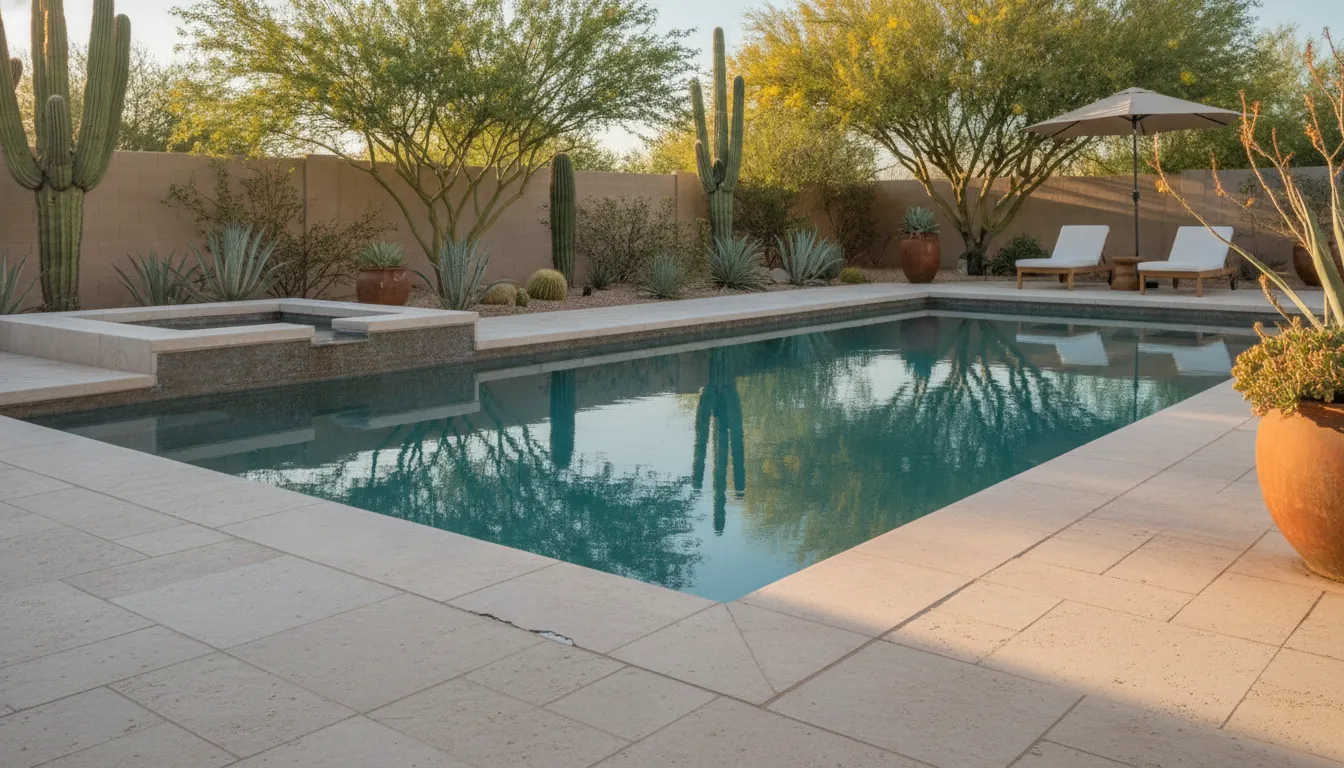 Pool crack repair Arizona guide showing a desert backyard pool with a subtle deck crack