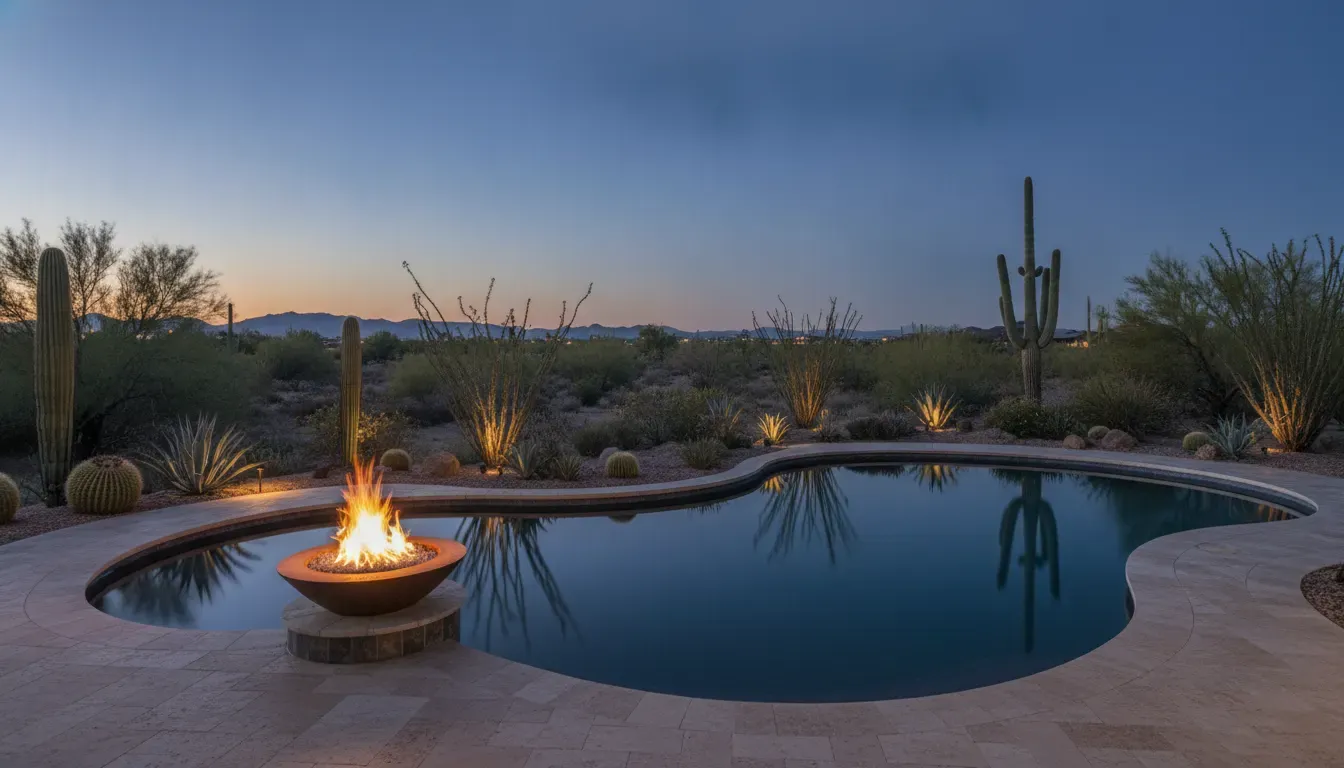 Pool fire feature installation Arizona with a fire bowl beside a desert backyard pool