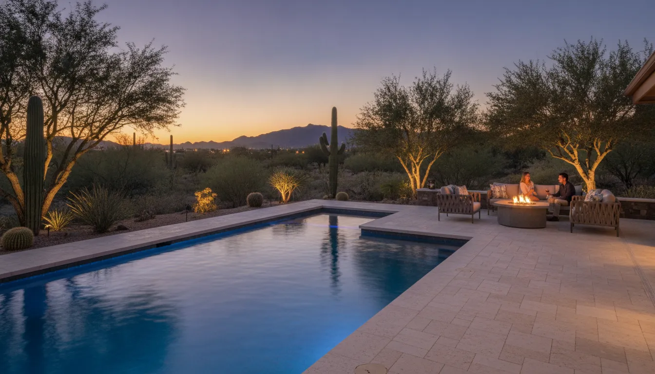 Arizona backyard pool with colorful LED lighting at dusk