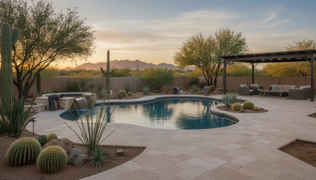 Phoenix East Valley backyard pool remodel with desert landscaping