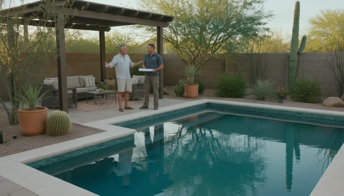 Premium Arizona backyard pool remodel with updated tile, coping, and desert landscaping