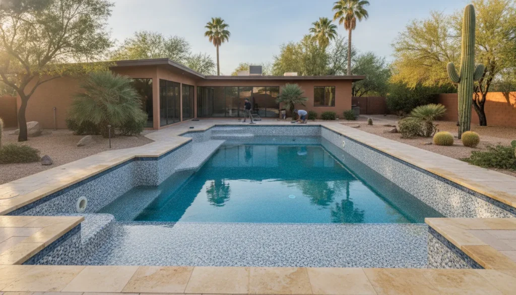 Phoenix East Valley pool with a refreshed finish and desert landscaping