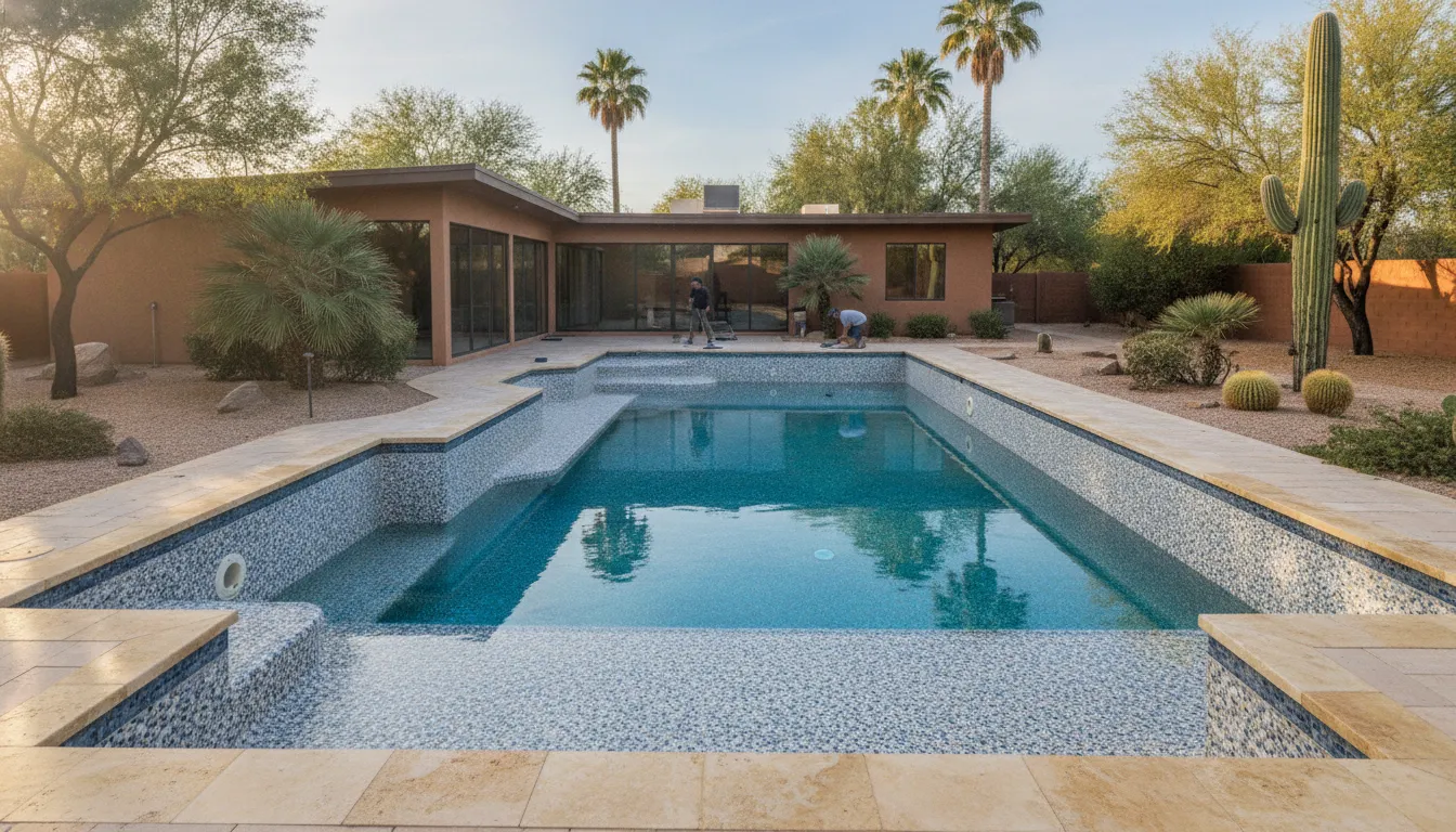 Phoenix East Valley pool with a refreshed finish and desert landscaping