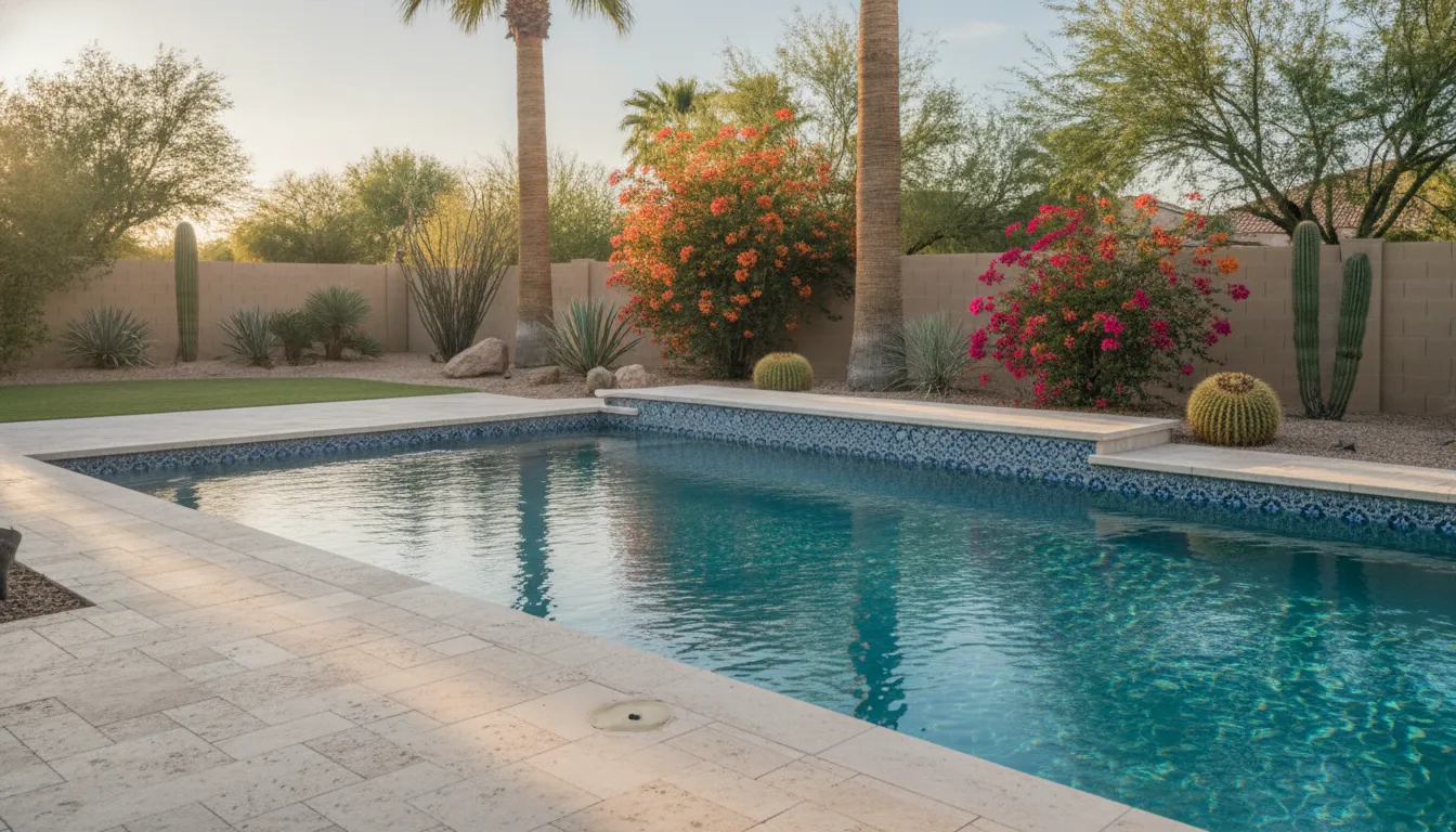 Arizona backyard pool with updated waterline tile and desert landscaping